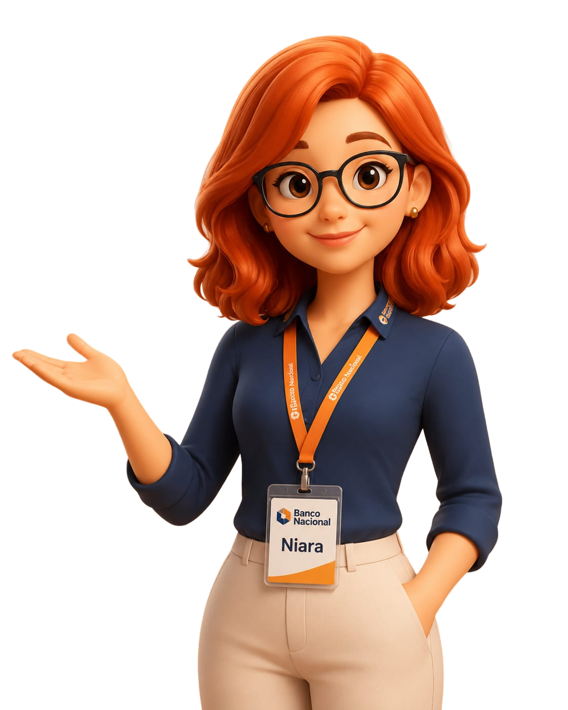 Niara, HR virtual assistant: 3D character with red hair, glasses, and a badge